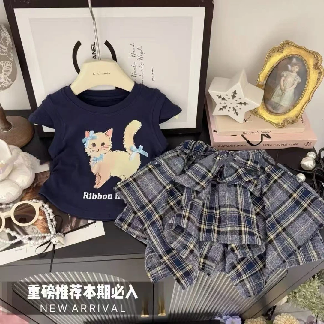 女童短袖套装2025夏季新款女孩时髦短袖洋气不规则两件套格子裙潮