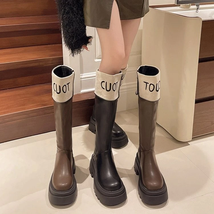 厚底拼色带跟长筒靴女秋冬新款小香风秋冬高筒骑士靴小个子不过膝