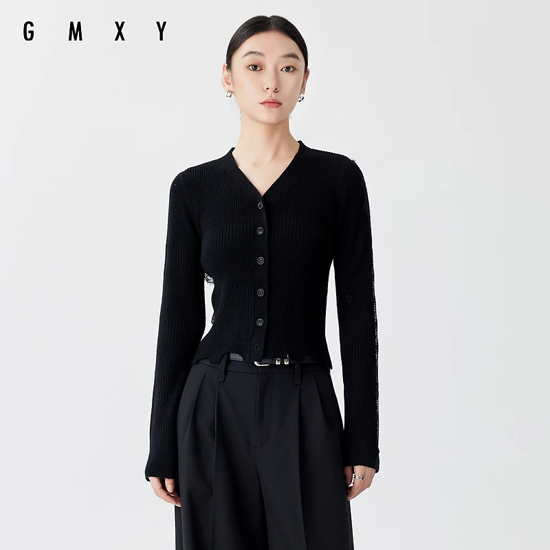 【臻臻专属】GS41003004古木夕羊2024春季新品蕾丝拼接坑条开襟毛衣