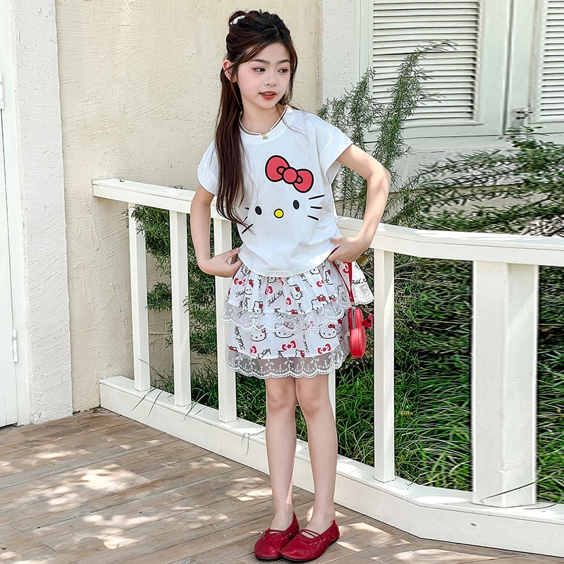 女童夏季套装2025新款洋气时尚卡通短袖T恤两件套6-12岁中大童潮