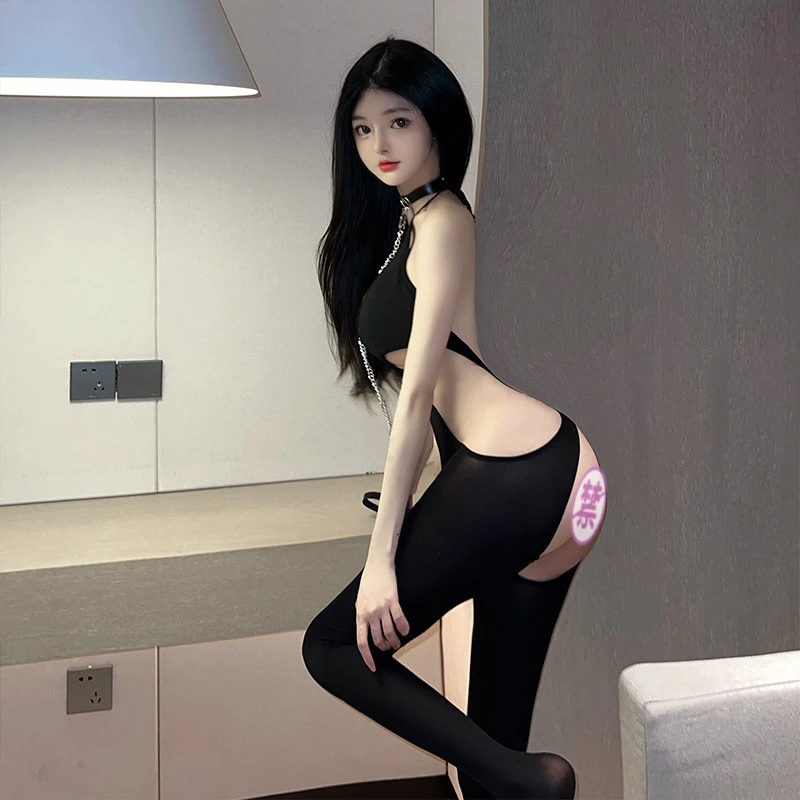 丝袜连体衣制服诱惑挂脖大码性感内衣纯欲黑丝显瘦辣妹夏季黑色