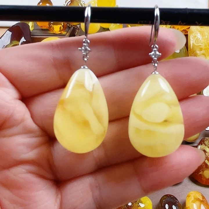 琥珀银S925镶嵌裸石耳环