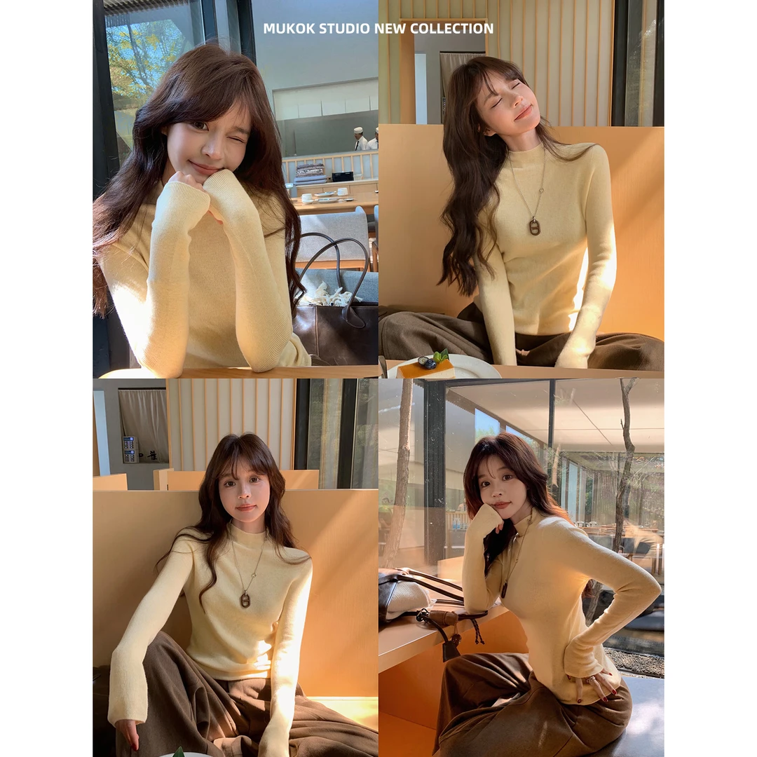 MUKOK 秋冬BI备100%羊毛无缝一体多色基础百搭半高领长袖针织衫