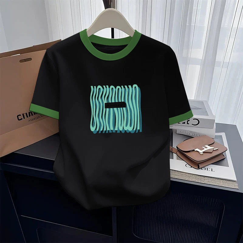 设计感圆领彩色拼接撞色短袖女t恤2025新款时尚百搭上衣体恤夏季