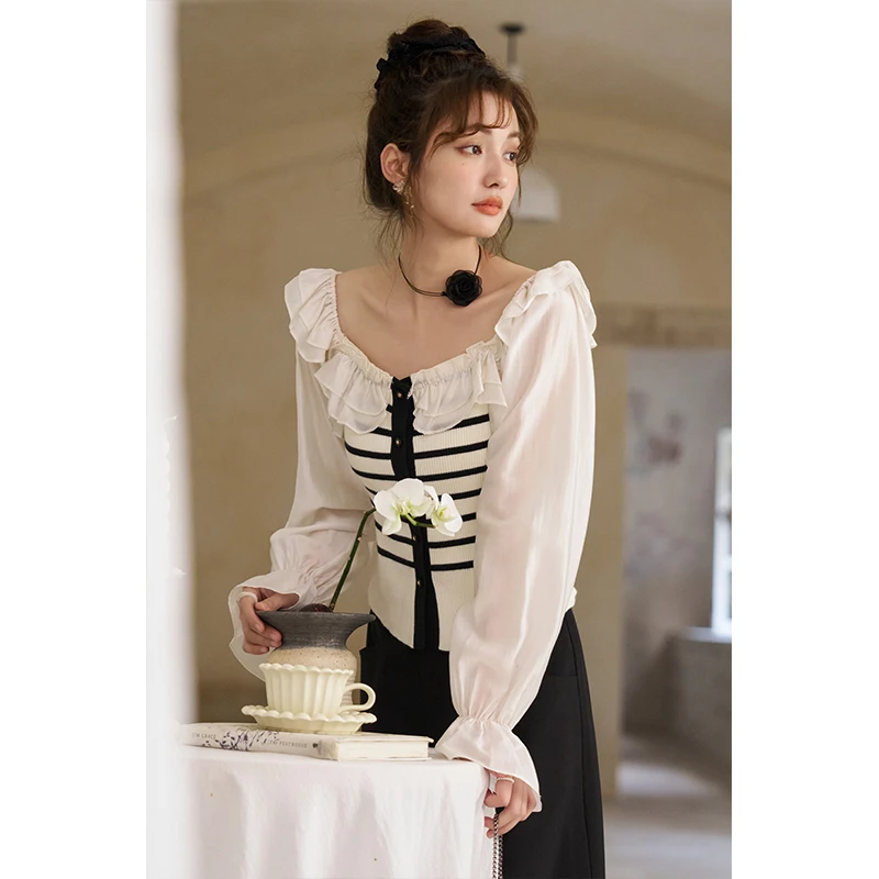 【年中大促】谜秀条纹针织衫女2024新款方领拼接修身长袖假两件上衣