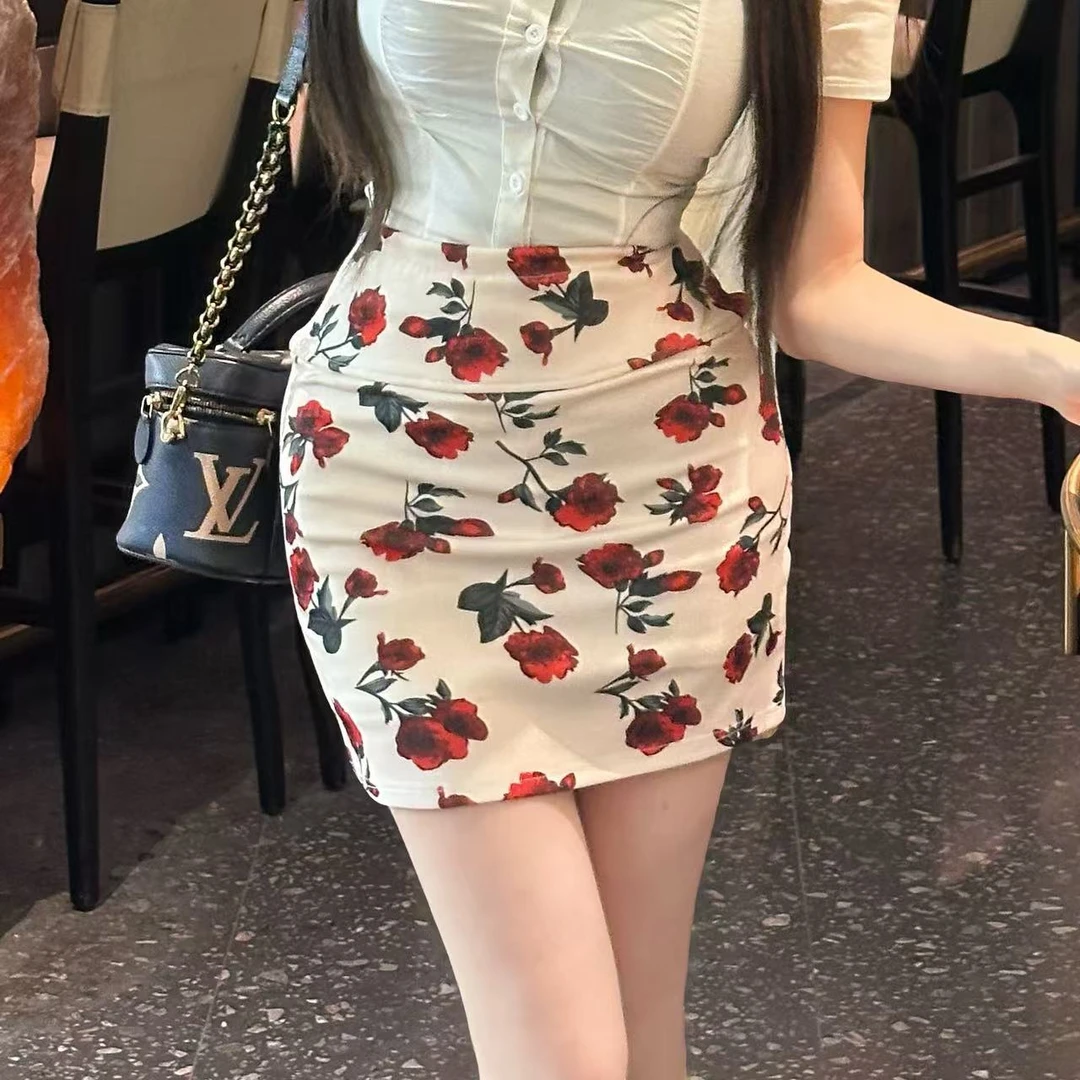 【朗姆红茶】7376＃玫瑰印花包臀半身裙