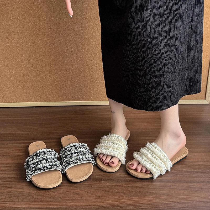 流苏珍珠绝美配裙子拖2025新款夏季外穿法式小香风平底一字凉拖鞋
