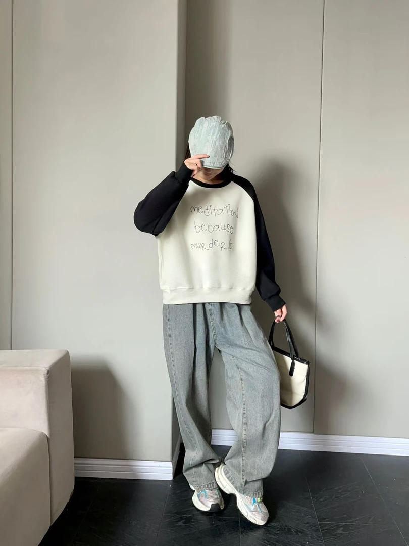 88201短款拼色宽松型长袖常规套头卫衣休闲