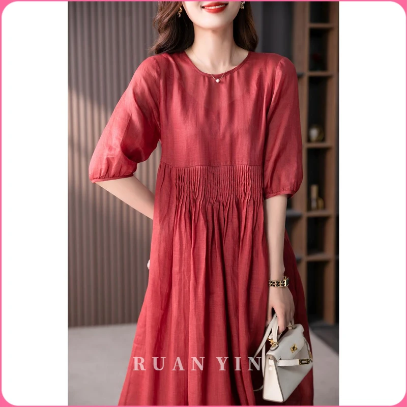 RUAN YIN法式复古苎麻连衣裙女2025夏季新款褶皱休闲宽松显瘦长裙