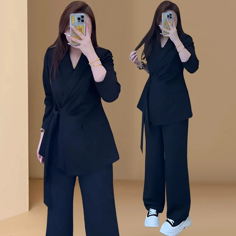 宽松显瘦时尚套装女2025秋季新款系带西装上衣阔腿裤洋气两件套