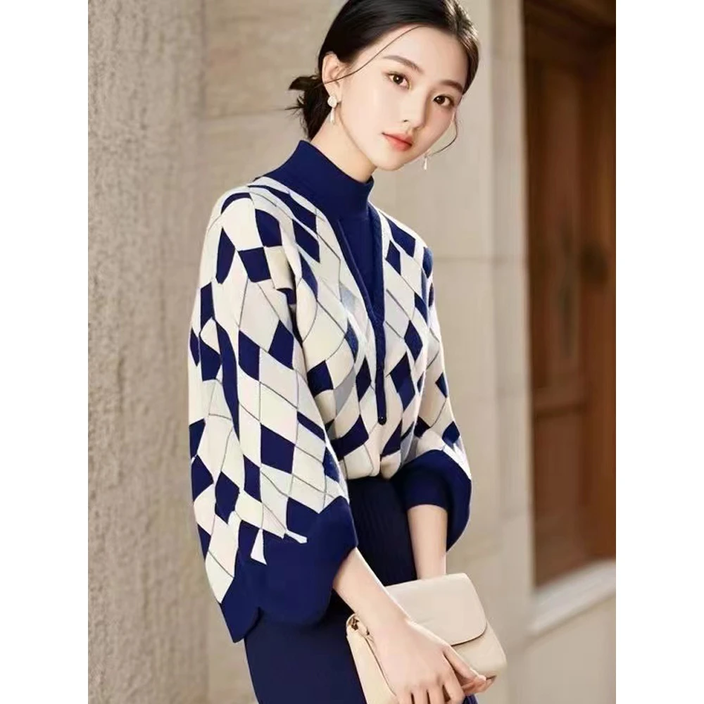 2025复古简约菱格子撞色毛衫女春秋季宽松外穿小香风针织衫