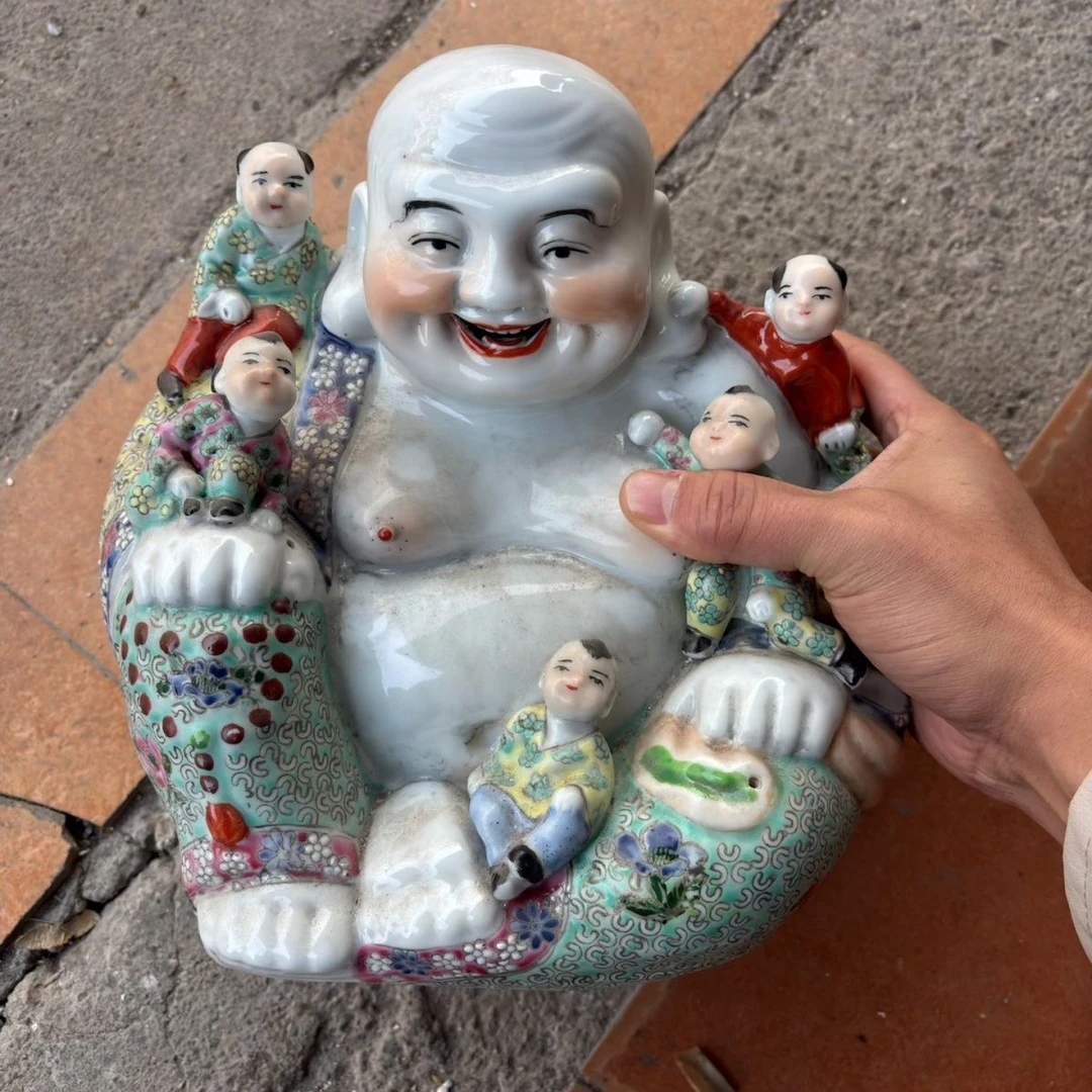 景德镇仿古雕塑瓷器五子登科弥罗佛名人作朱茂记造款佛像家居24cm