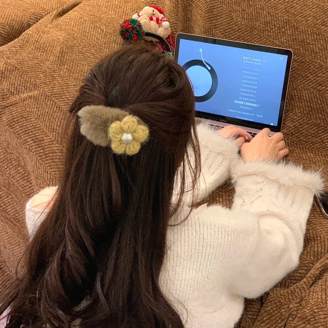 秋冬黄色花朵毛绒珍珠发夹女侧边夹bb夹发饰碎发夹氛围感头饰发卡