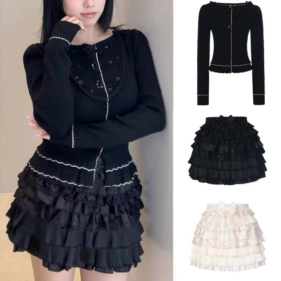 《no退no换 默认微瑕》黑色立体珍珠提花假两件套针织上衣半裙