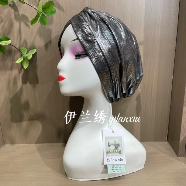 n15- 回族小姐姐包头帽美人条满版烫金印度帽 弹力条纹褶皱包头帽