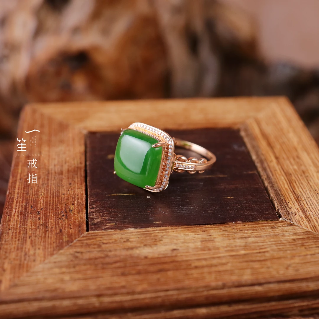 【一笙珠宝】天然和田玉碧玉戒指18k金镶嵌碧玉方糖戒指
