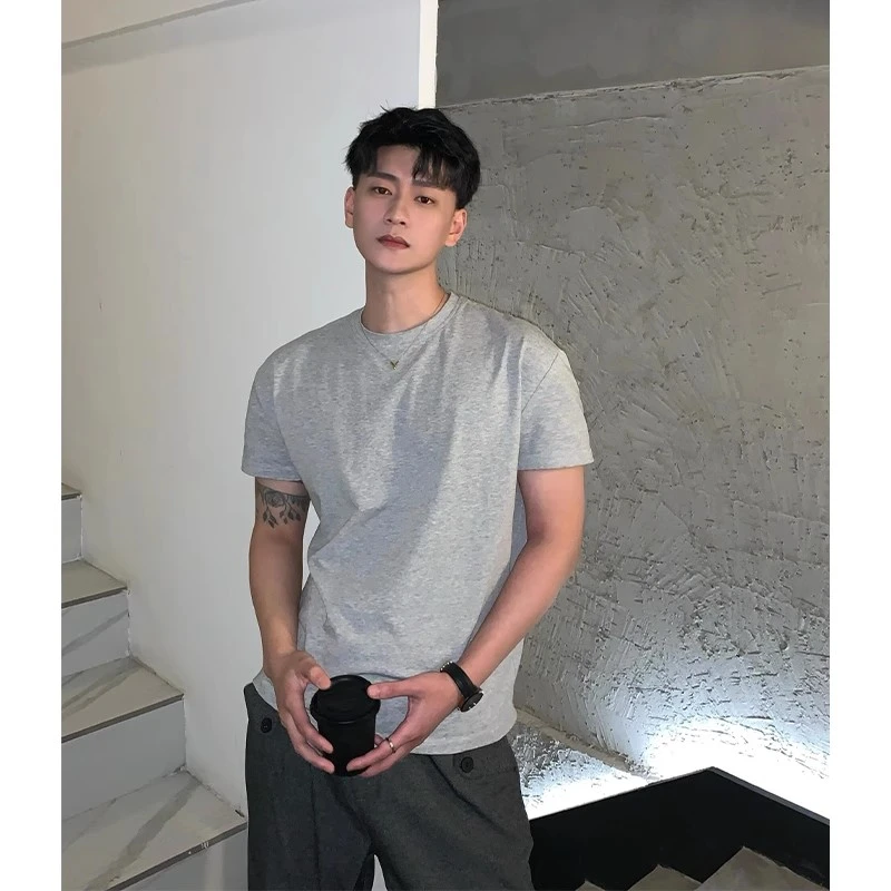 美式休闲短袖t恤男款夏季简约纯色百搭痞帅显肌肉健身运动三分袖