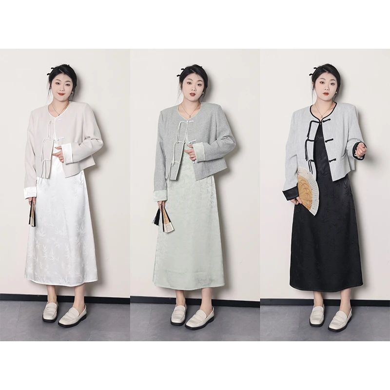 QC宣宣【明月松间】微胖大码女春新中式外套+吊带裙套装 ZY402Q26
