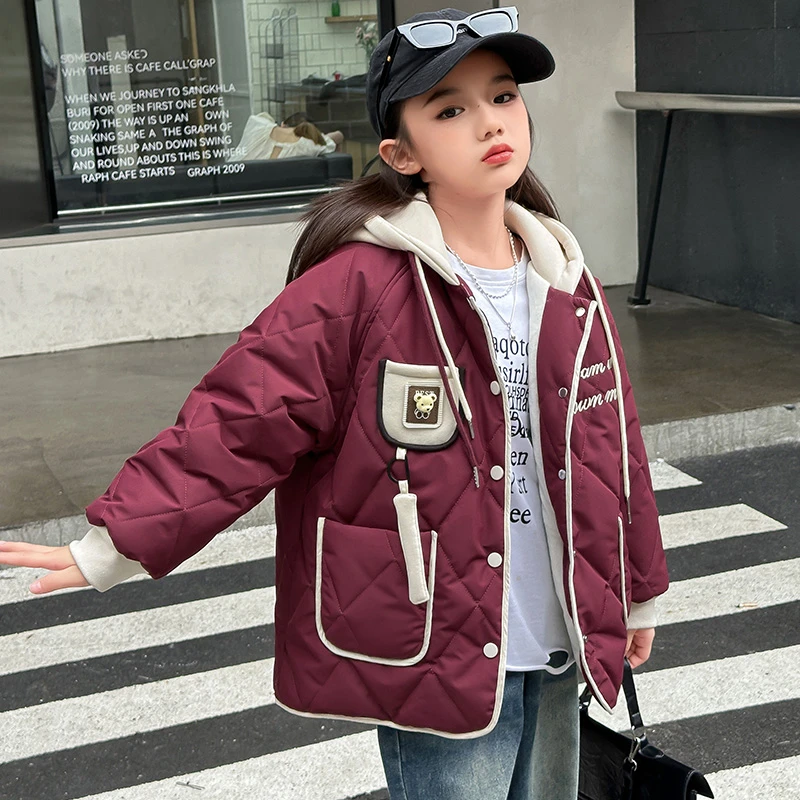 女童夹棉外套秋冬装2025新款儿童二棉薄棉棉服中大童深秋连帽上衣
