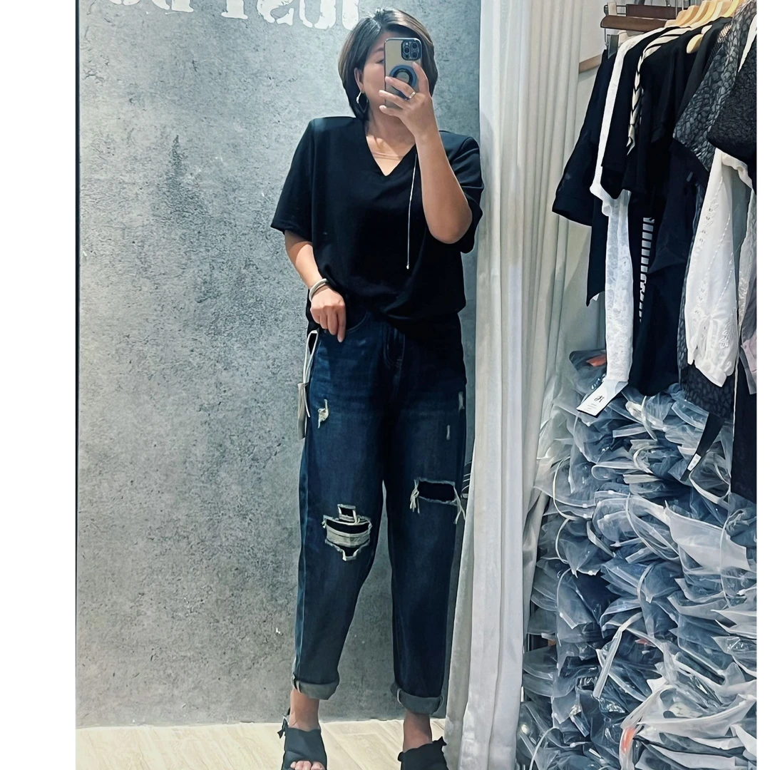 2025夏季薄款假破洞松紧腰遮肉显瘦宽松牛仔垮裤1008