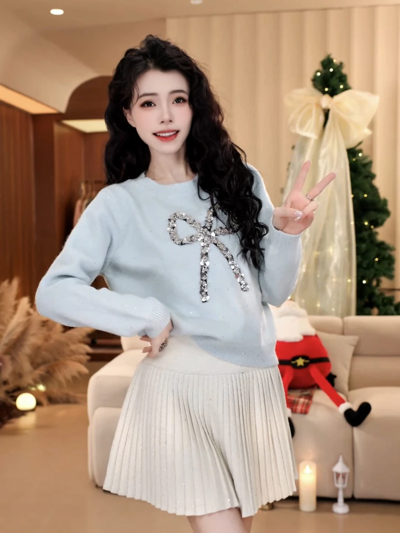 节日氛围感亮片蝴蝶结套头毛衣女秋冬软糯加厚洋气针织衫上衣790