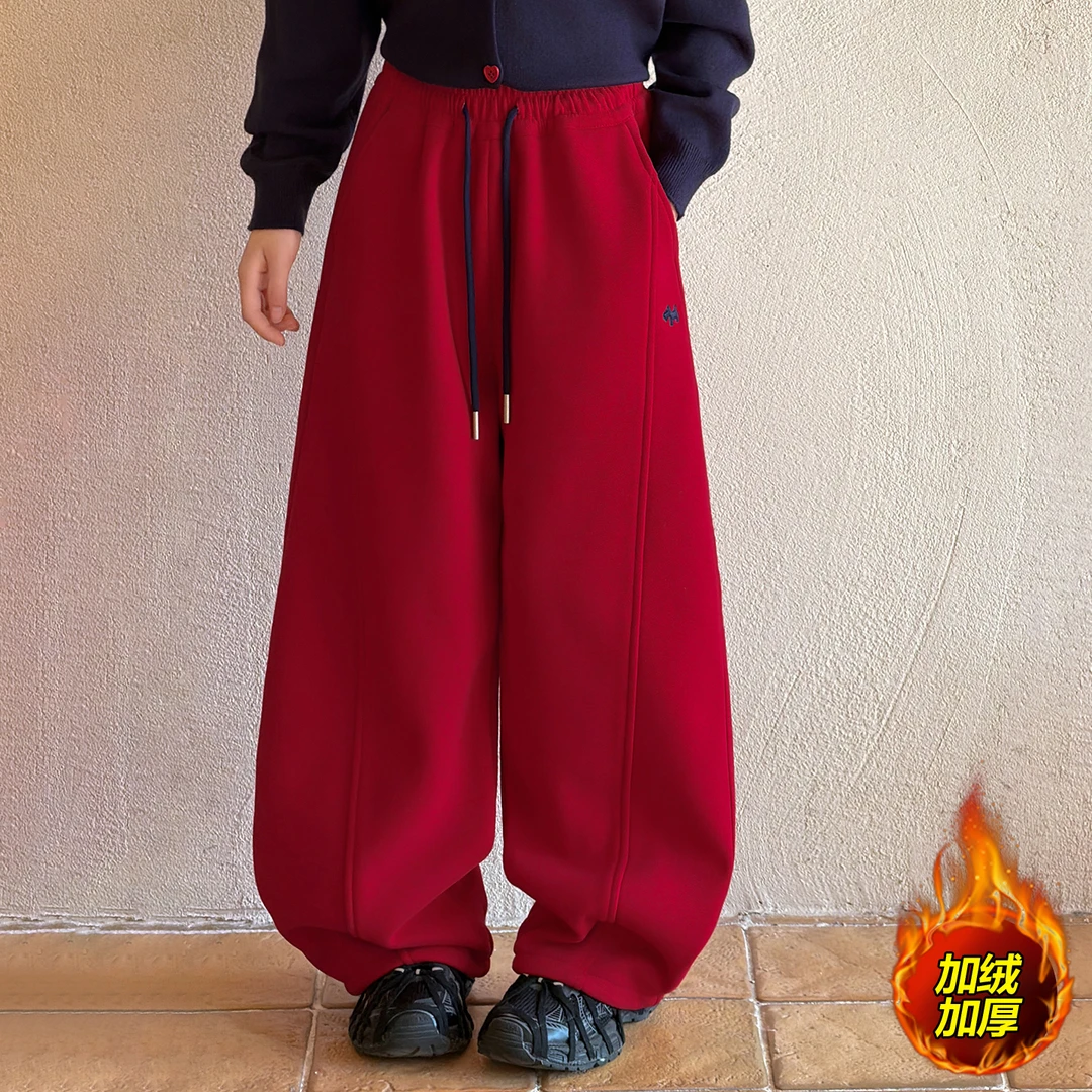 女童加绒裤子冬季2025新款儿童加厚红色弯刀裤初中生一体绒直筒裤