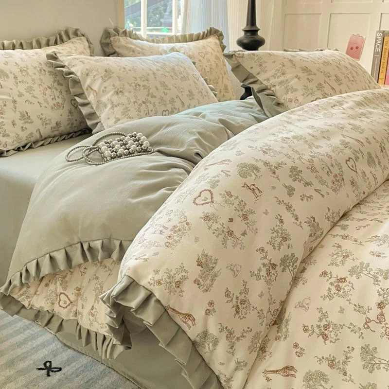 2025春季针织双层纱四件套公主风花边被套南通床南通家纺ab四件套