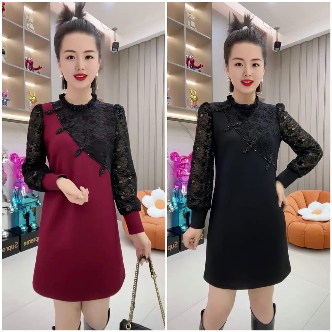 新款新中式蕾丝国风拼接盘口长袖时尚显瘦气质时尚百搭连衣裙8825