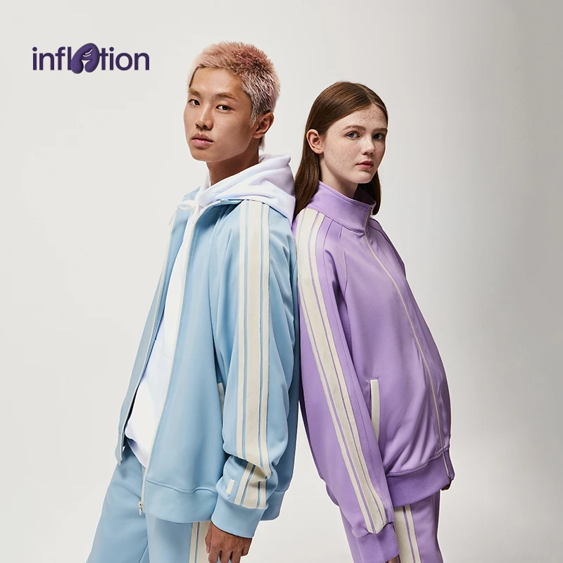 膨胀潮牌奶油系撞色织带拉链翻领秋季休闲情侣装上衣外穿外套男士