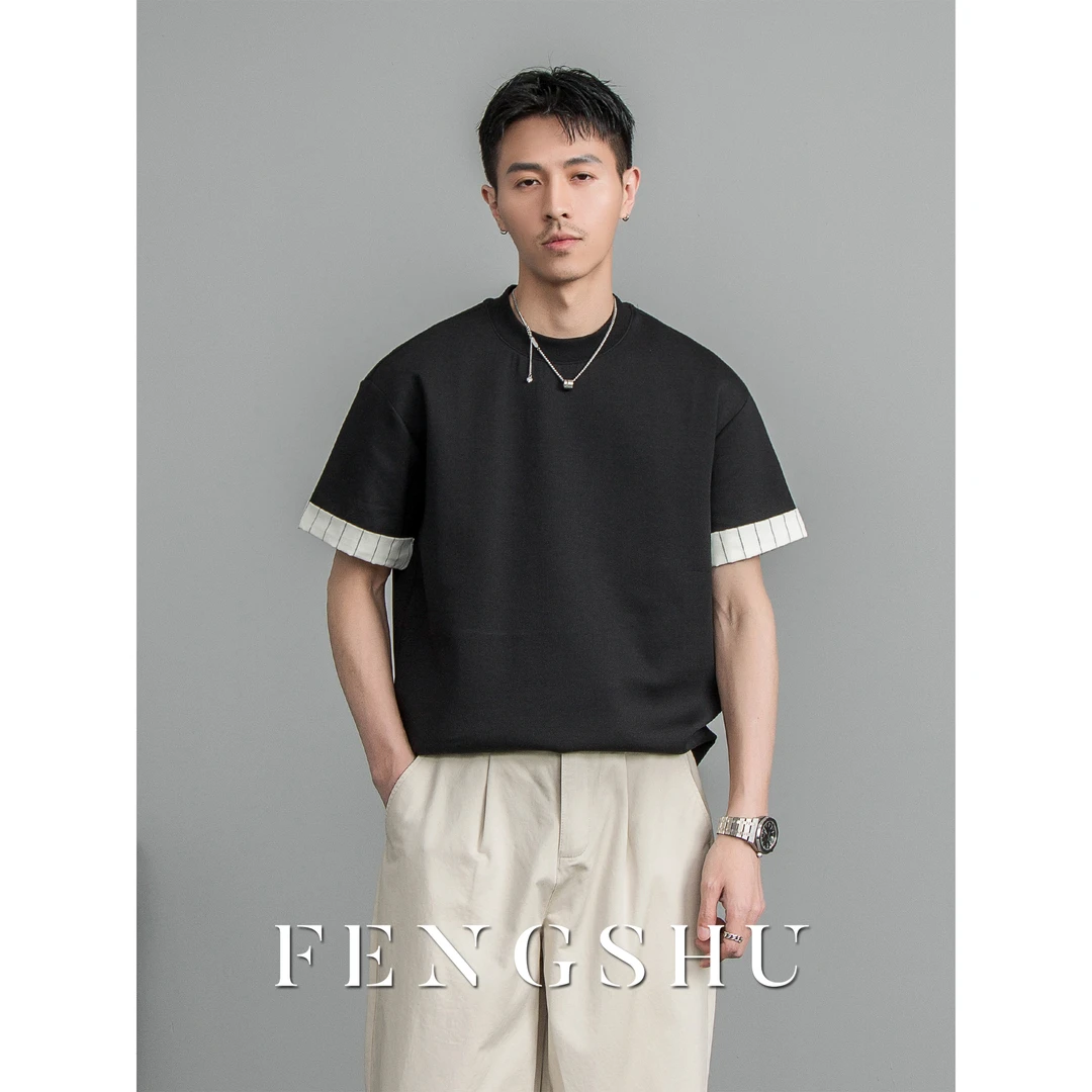 【清仓】 夏季男士假两件简约拼接撞色短袖休闲t恤圆领宽松半袖T恤