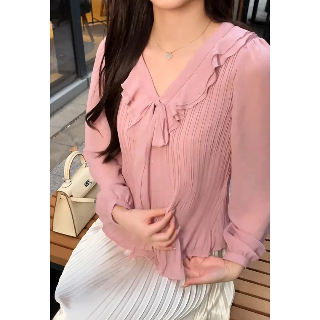 秋季新款气质百搭显瘦长袖小衫女时尚设计感细闪花边V领衬衫上衣