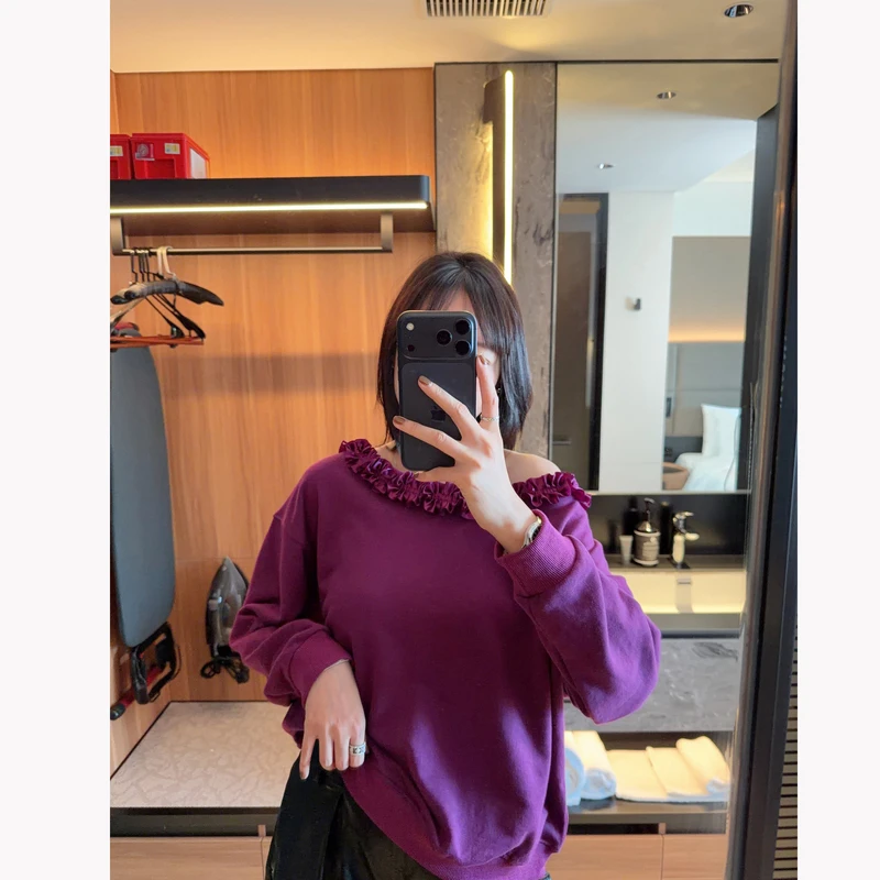 【张静芝】韩国新品~显白洋气紫色褶皱木耳花边领拼接洋气卫衣
