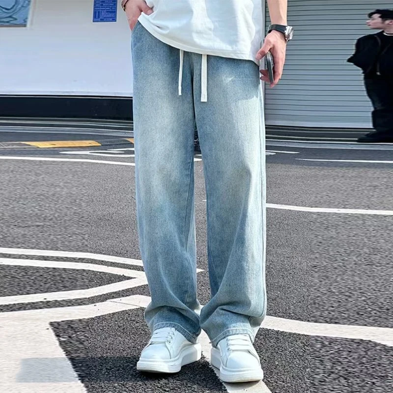 高街牛仔长裤男士秋季宽松休闲百搭复古水洗抽绳松紧学生长裤男