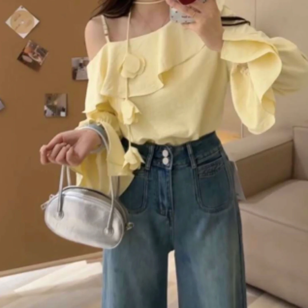 欧货炸街爆款纯欲风一字肩彩色衬衫