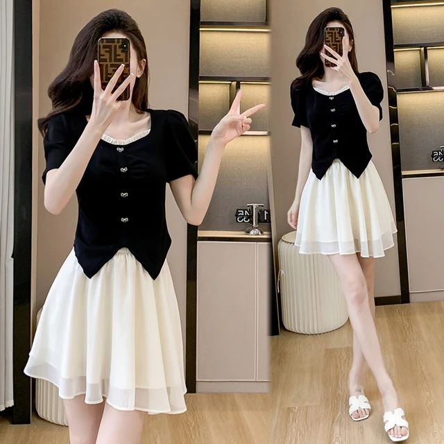 2024夏季新款气质时尚女减龄套装黑色短袖修身显瘦短裙法式两件套