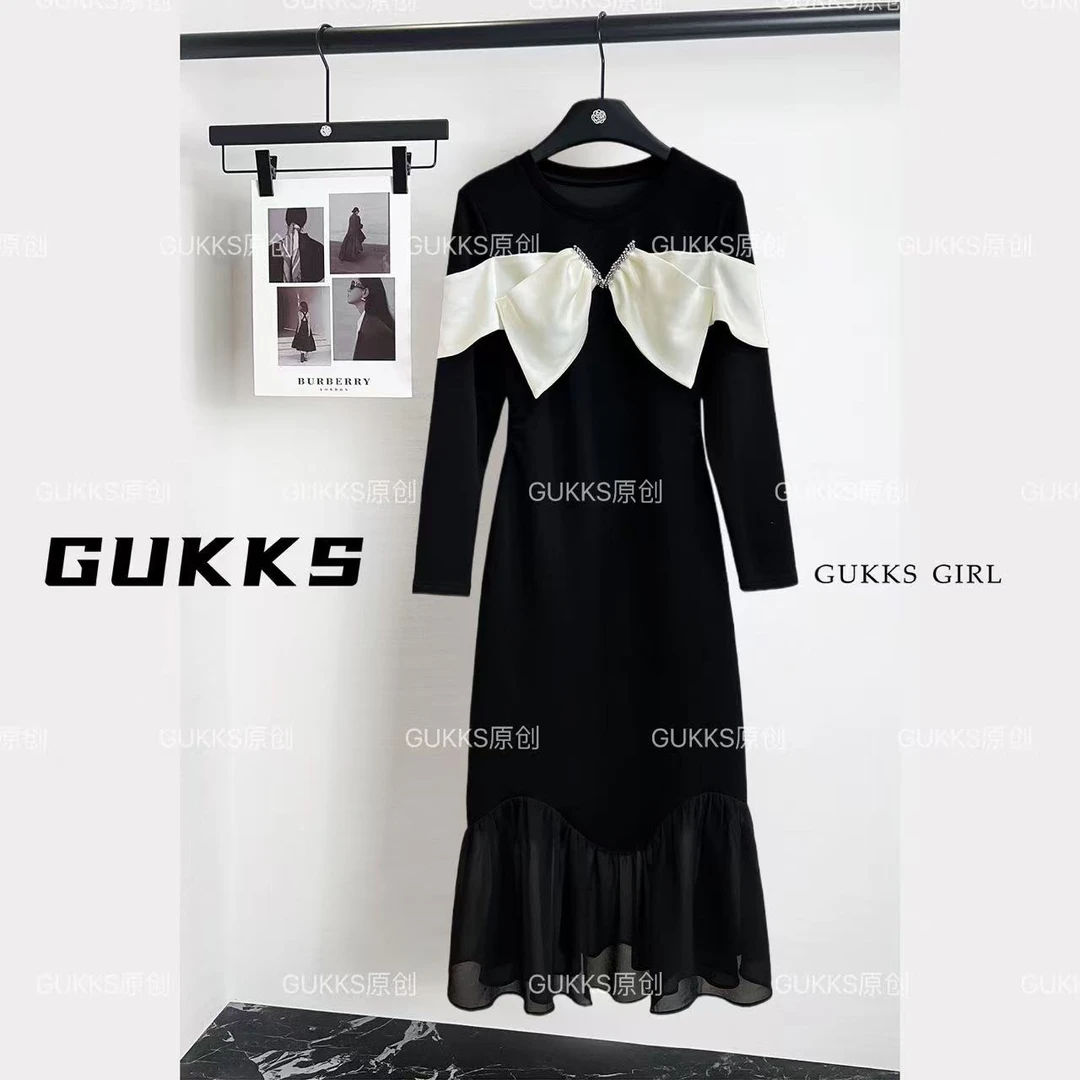 GUKKS/蝴蝶结高级优雅气质裙秋冬新款GK793