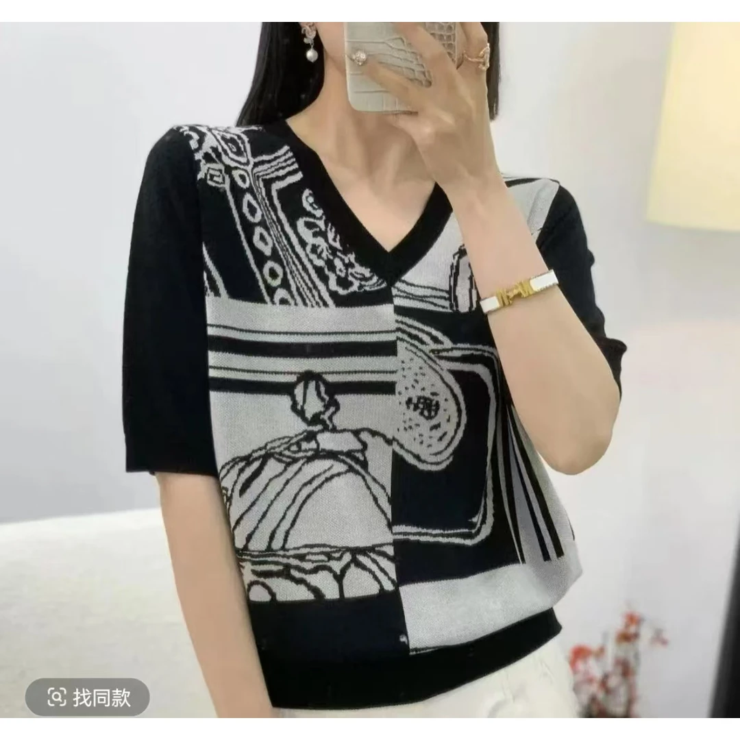 （西雅图）玉姐家拼色提花显瘦百搭短袖 新选f1171 J03887