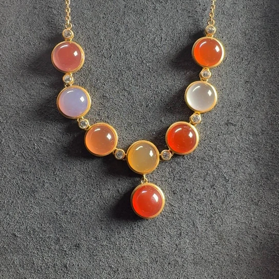 南红玛瑙银S925镀金镶嵌多宝项链9+