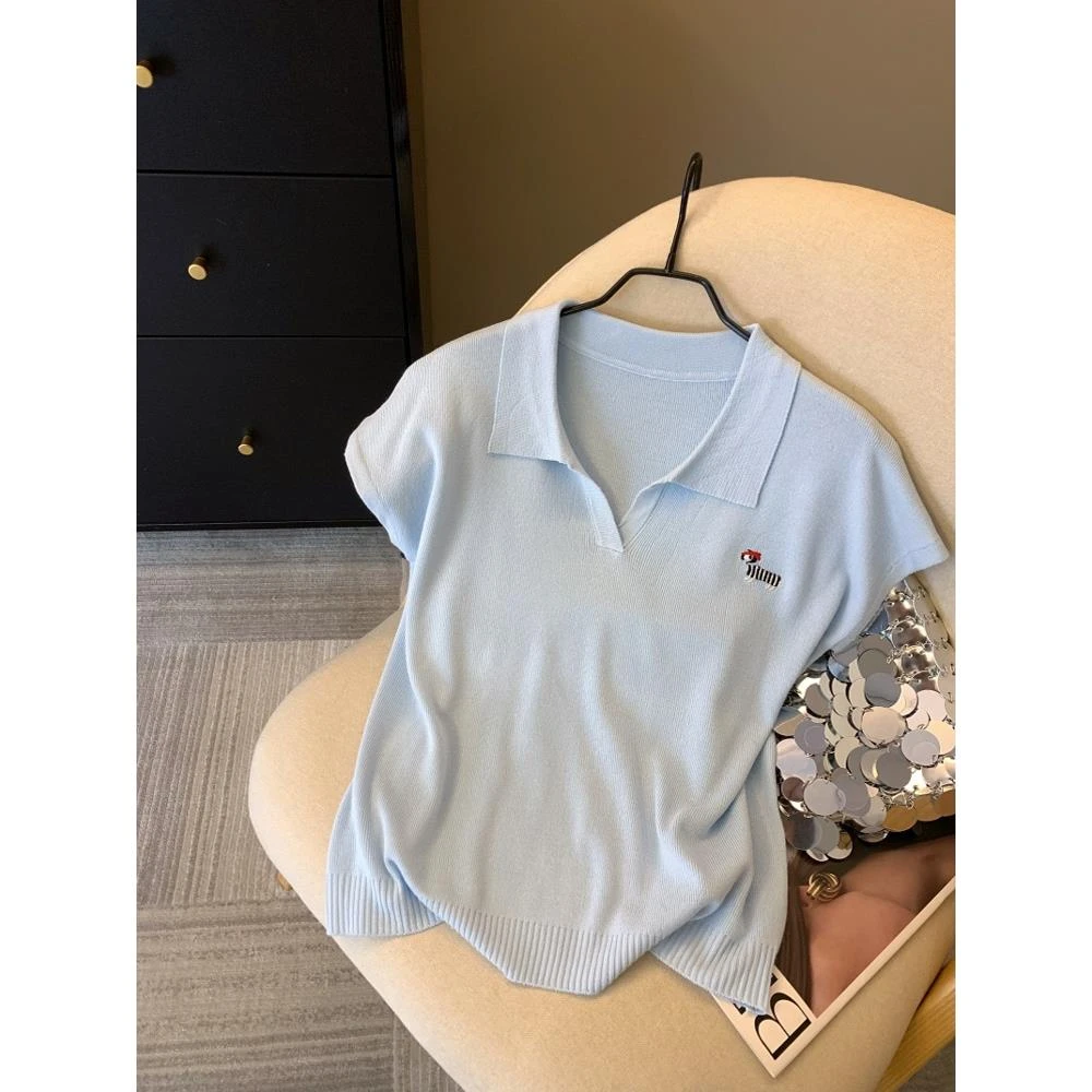 粉色条纹小狗刺绣针织衫女夏季2025韩系翻领T恤衫甜辣小飞袖上衣