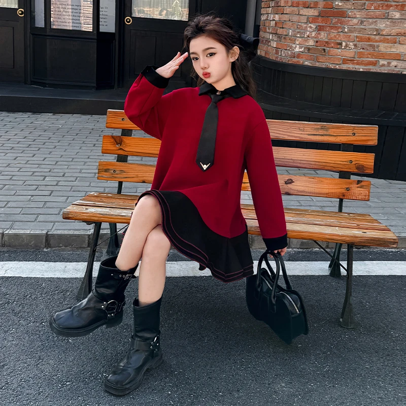 女童学院风连衣裙领带春季2025新款儿童洋气时髦女大童春装裙子