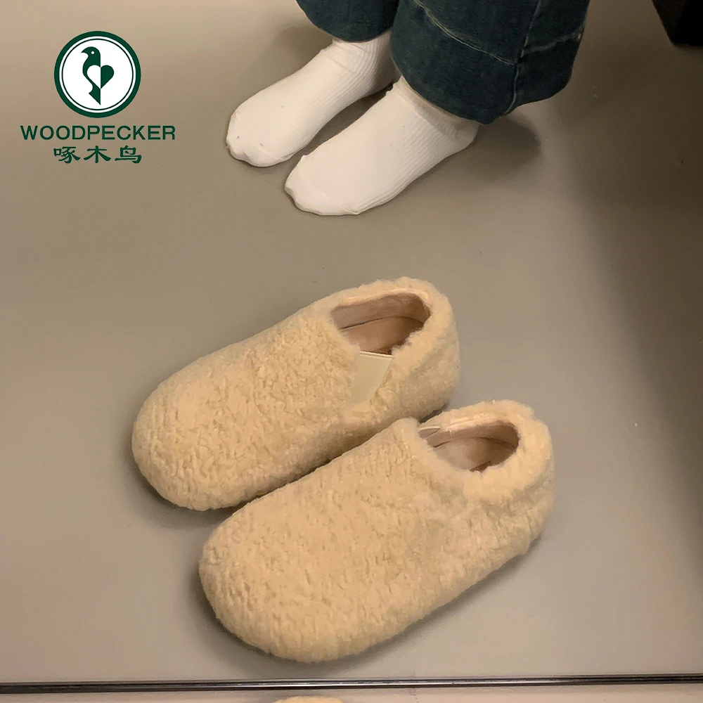 啄木鸟厚底毛毛鞋女外穿2025秋冬新款懒人一脚蹬保暖全包勃肯棉鞋