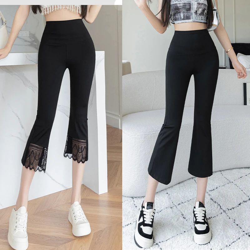 200斤高腰七分微喇裤外穿喇叭鲨鱼裤女蕾丝加肥加大码修身打底裤