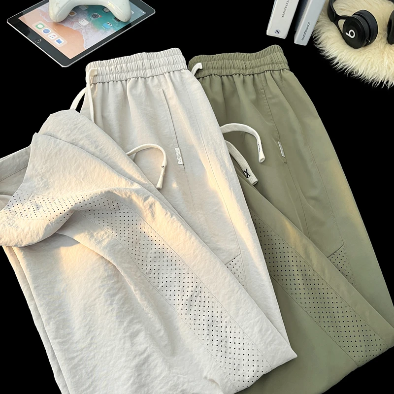 棉致裤子男直筒宽松夏季冰丝薄款休闲长裤美式运动冲锋裤男男士