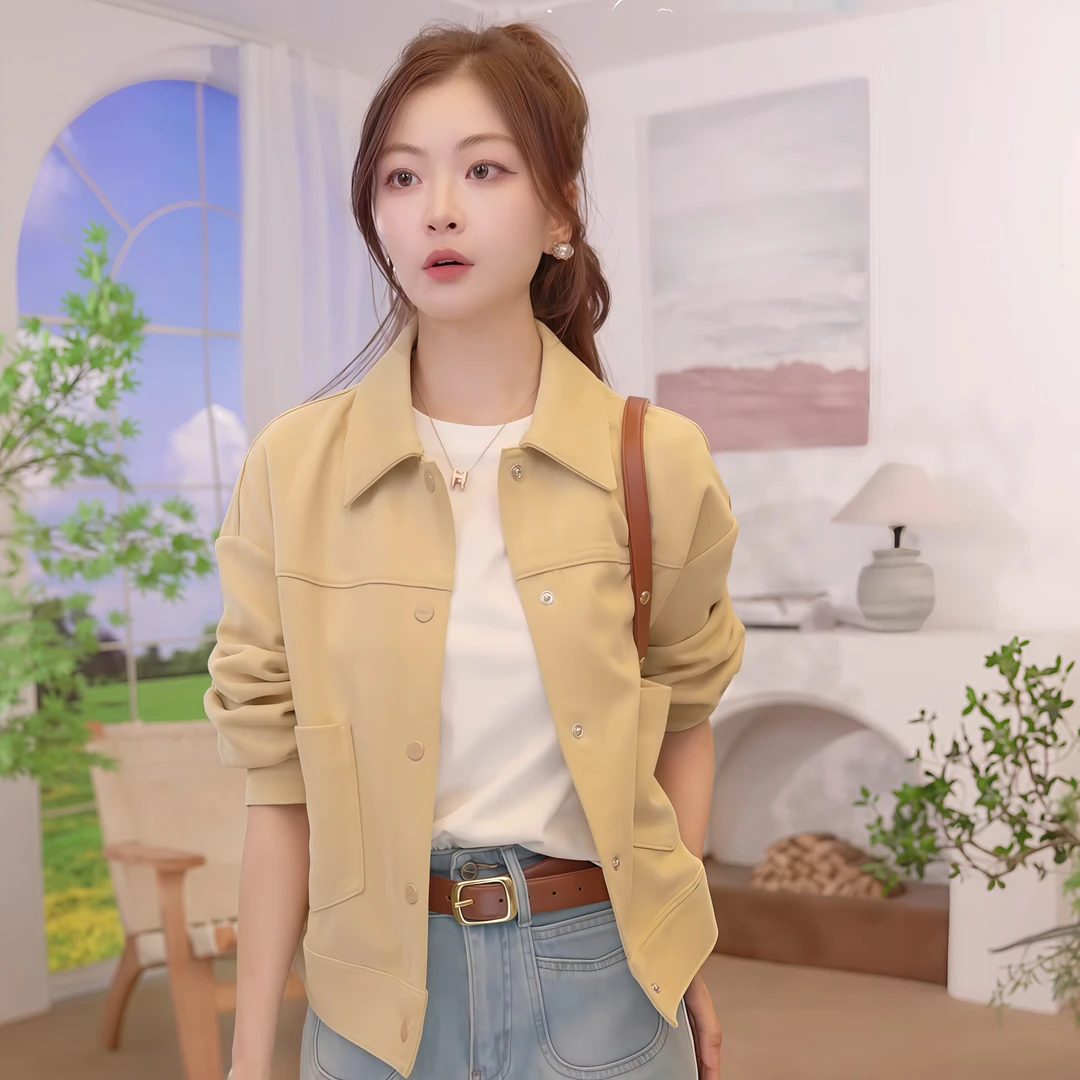 【雅丹风】茵曼25秋季新款女复古休闲纯色百搭翻领长袖时尚短外套