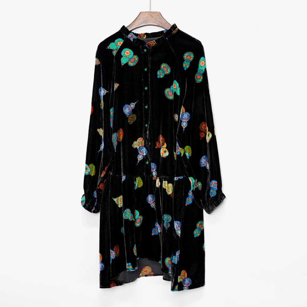 秋冬加厚真丝丝绒裙子百搭黑色中长款气质长袖女装连衣裙X3235