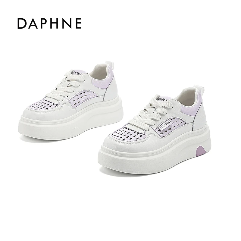 Daphne/达芙妮厚底增高鞋女2025秋季新款编织镂空透气软底小白鞋