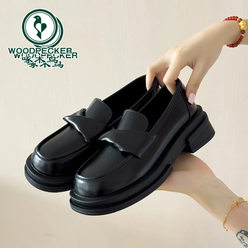 啄木鸟乐福鞋女2025秋季新款厚底百搭英伦小皮鞋一脚蹬软底单鞋子