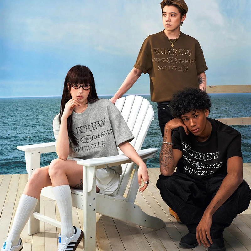 YADcrew亚德鲁 烫钻珍珠工艺空气层短袖百搭情侣宽松休闲潮T恤