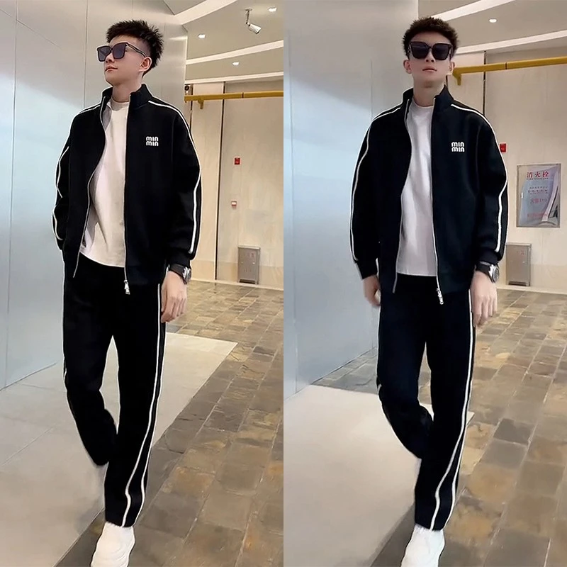 2025秋冬新款休闲套装男士高级感显瘦拼接立领外套直筒长裤两件套