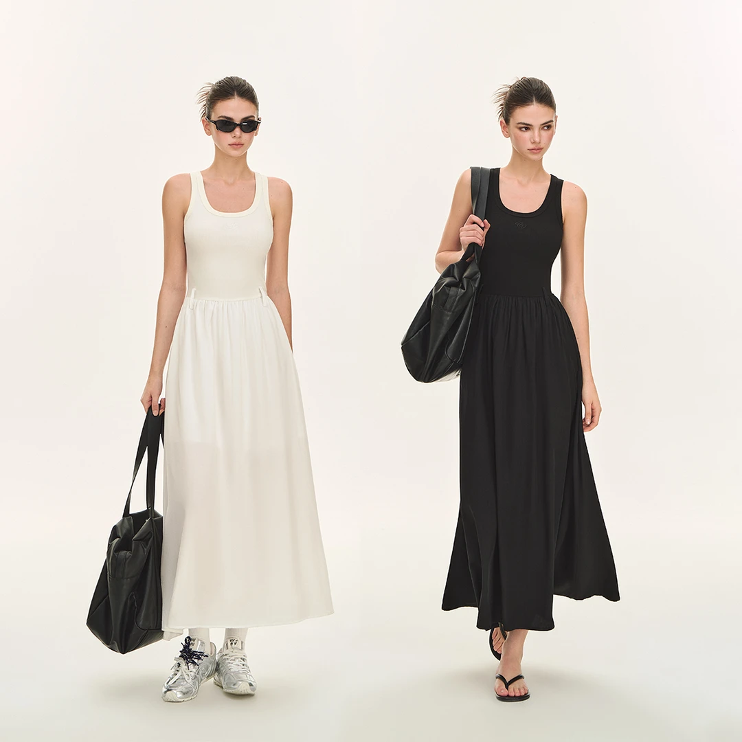 CLIMAX VISION清凉松弛度假风收腰显瘦弹力U领无袖背心连衣裙长裙